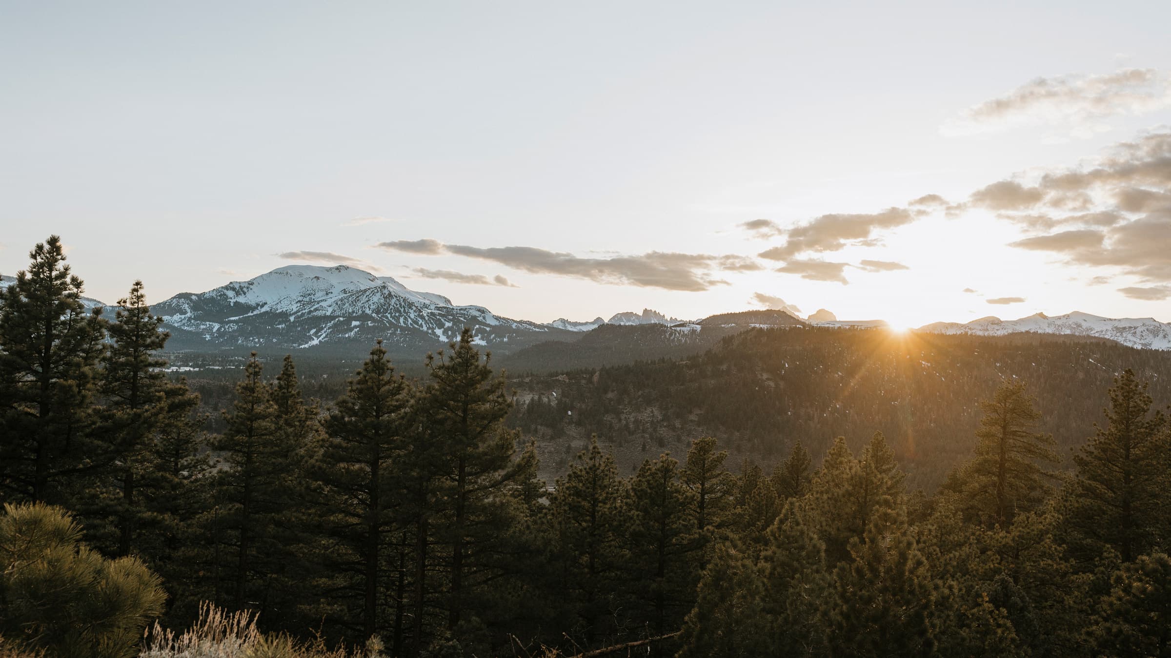 View of Mammoth Mountain and Minarets at sunset in winter