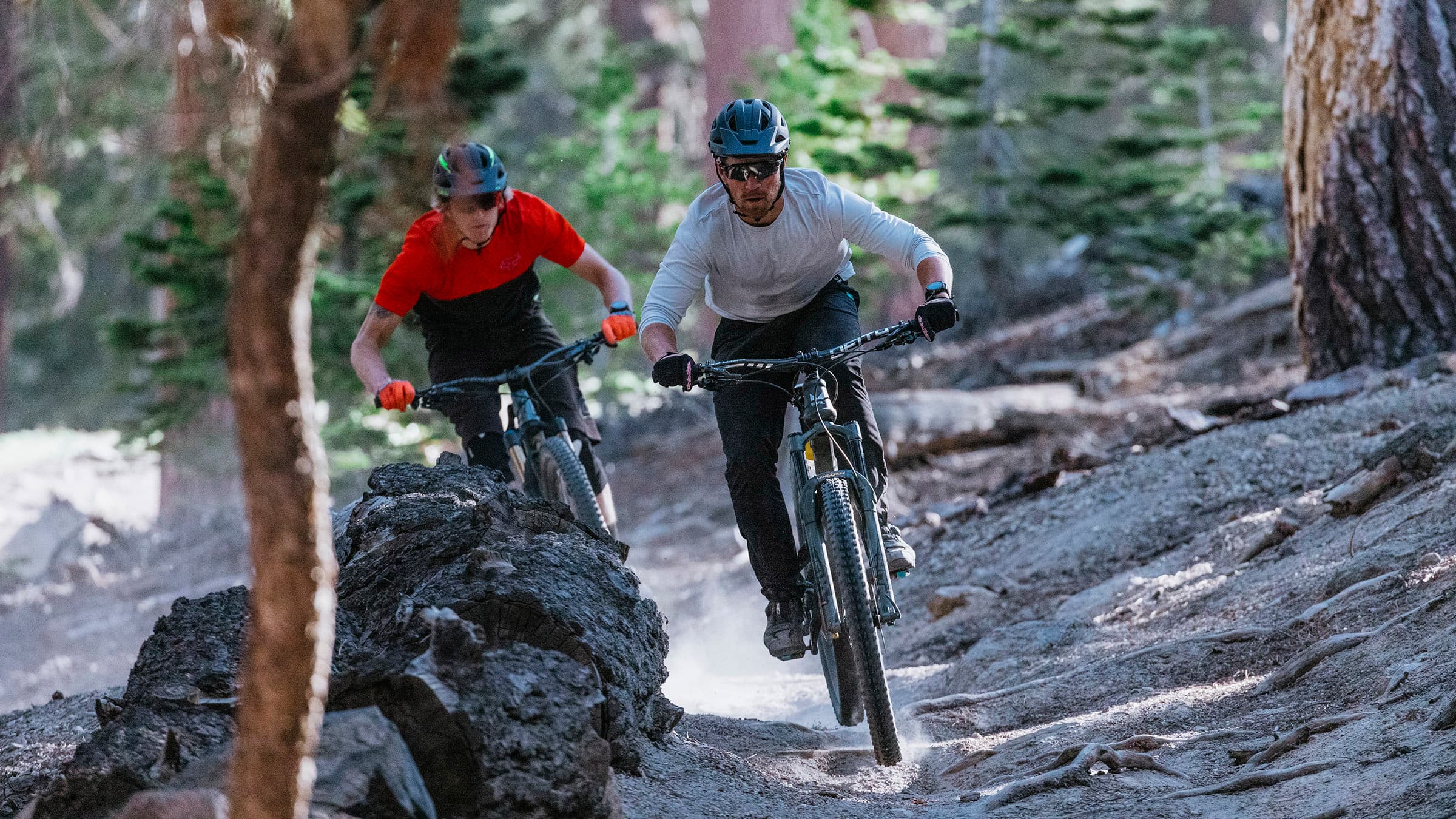 Two mountain bikers riding the Shotgun trail on Mammoth Mountain